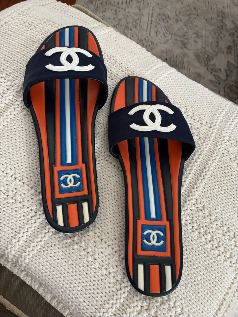 CHANEL Navy, Orange & Blue Logo Slide Sandals